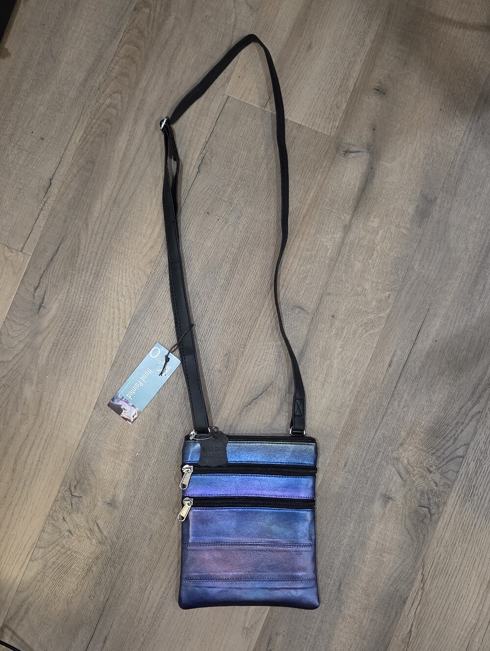 NWT Sue Sweeney Art Hand Painted Iridescent Blue Crossbody Bag with Multiple Zip